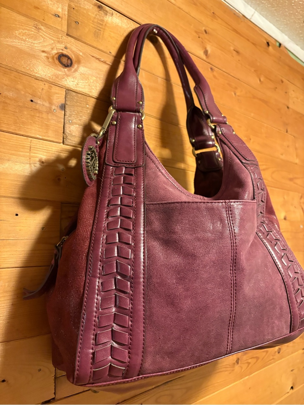 Tignanello Burgundy Leather Shoulder Bag with Woven Trim - Picture 4 of 11